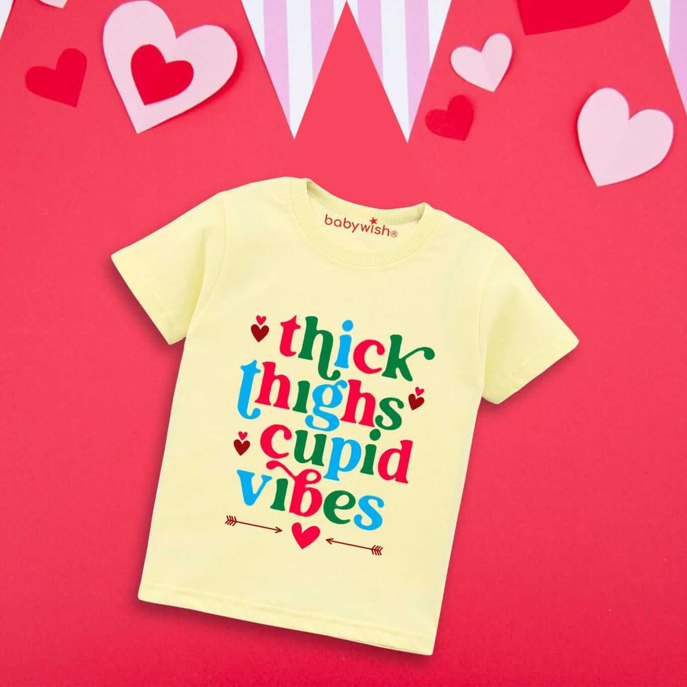 Valentine’s Day T-shirt for Kids | Unisex Valentine Topwear Outfit | Printed Half Sleeve T-shirt Dress for Boys & Girls “Thick Thigh Cupid Vibes” | Cute Gift for Kids