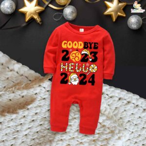 My First New Year Romper with Hat Print Full Body Bodysuit for Baby Boys & Girls – Soft Cotton Unisex Outfit for Newborn, Infant & Toddler – Festive Party Wear, Winter Nightwear, Photoshoot & Gift Idea | Babywish