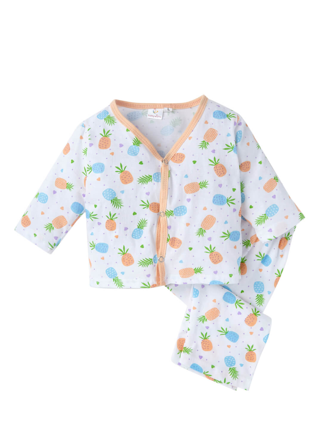 Baby Cotton Night Suit Set Pineapple Print Front Open Sleepwear Kids Soft Nightwear Babywish Peach Color 0-12 Months Brand Babywish
