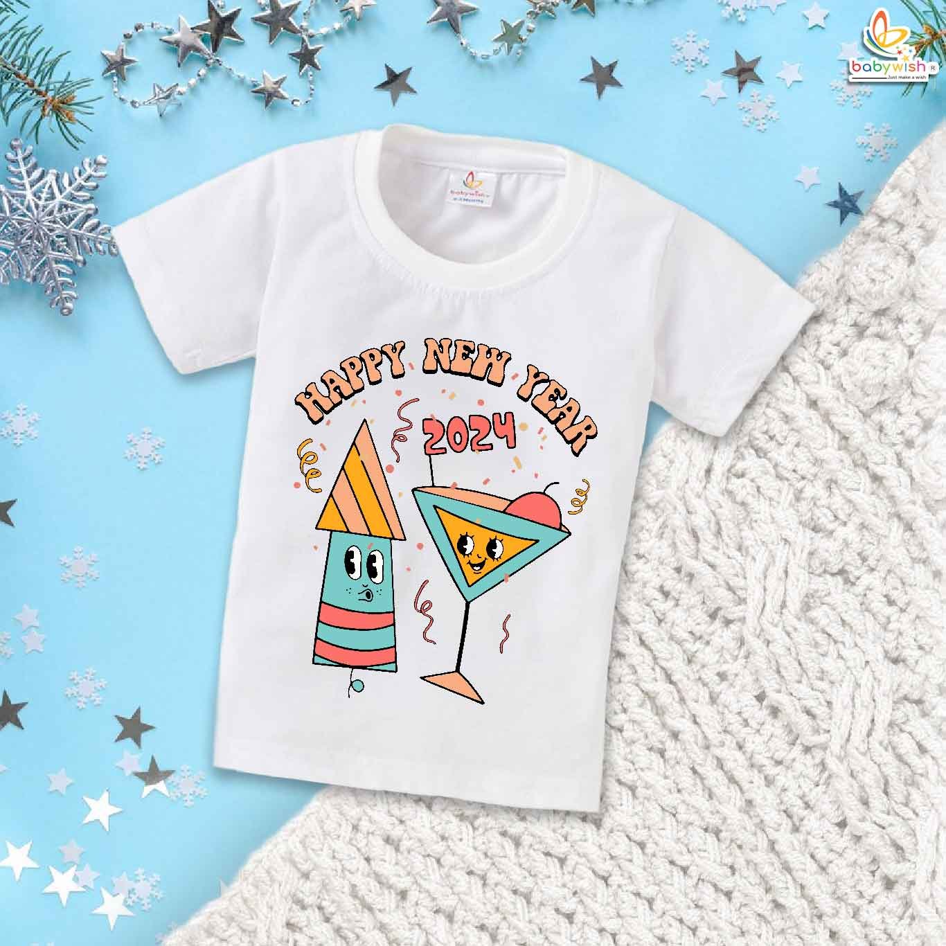 My First New Year T-shirt Happy New Year Rocket Printed | Cute Baby Outfit | Boys & Girls Half Sleeve Cotton Top | Infant Party Wear Clothes for First New Year Celebration – Babywish