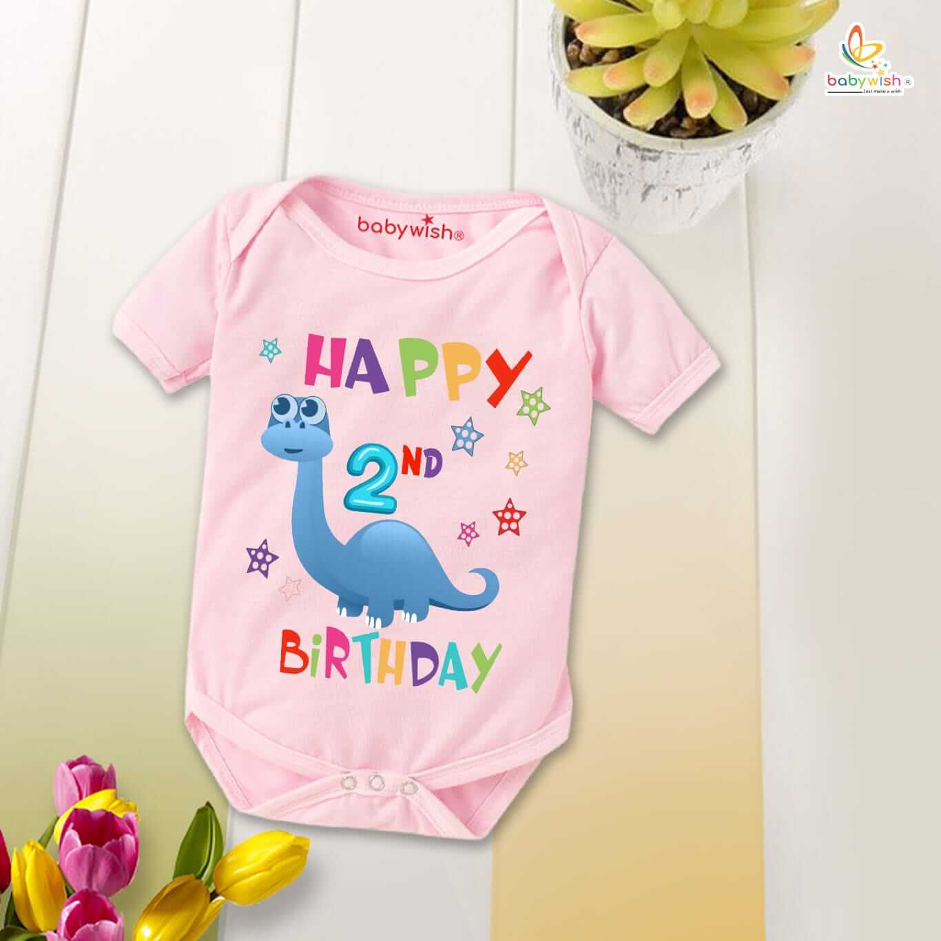 Happy 2nd Birthday Dinosaur Baby Onesie Cute Dino Print Infant Bodysuit Baby Girl Outfit White Pink Red Lemon Red Sea Green 0-3 Months 3-6 Months Babywish