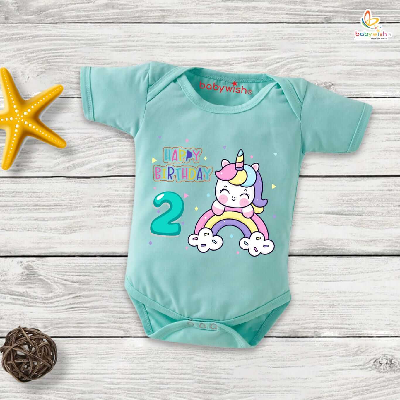 Happy Birthday 2 Baby Girl Onesie Unicorn Rainbow Print Cotton Bodysuit Infant Outfit White Pink Red Lemon Sea Green | Babywish