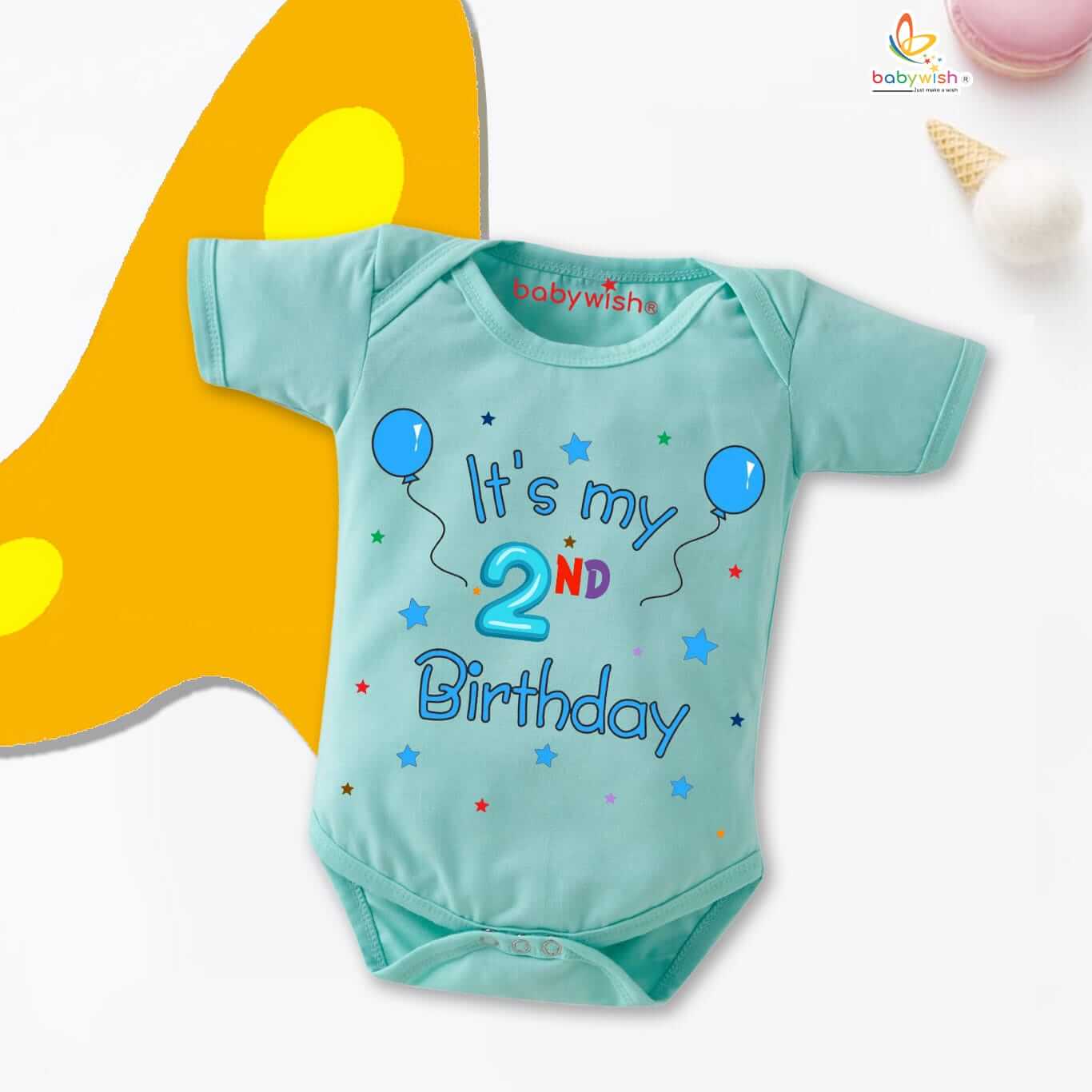 Baby 2nd Birthday Onesie Sea Green Printed Cotton Bodysuit for Boys & Girls Soft Comfortable Baby Romper Outfit Babywish colo white, Pink, Red, Lemon, Sea green age(0-3 or 3-6 months) Babywish