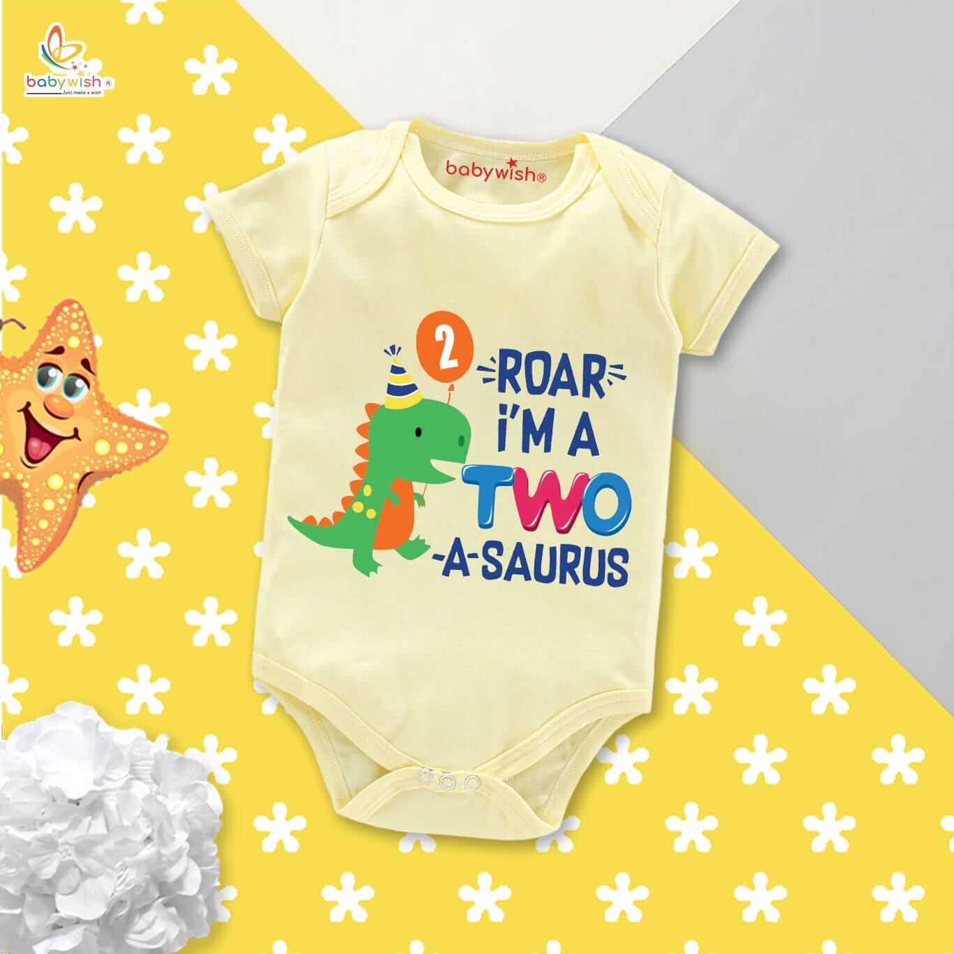 Roar I'm Two Dinosaur Baby Onesie 2nd Birthday Outfit Cute Dino Print Infant Bodysuit White Pink Red Lemon Red Sea Green 0-3 Months 3-6 Months Babywish