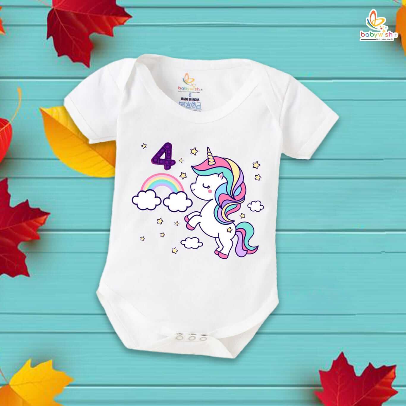 Cute Unicorn 4th Birthday Baby Romper with Rainbow Unicorn Print – Soft Cotton Birthday Baby Onesie for Girls by Babywish