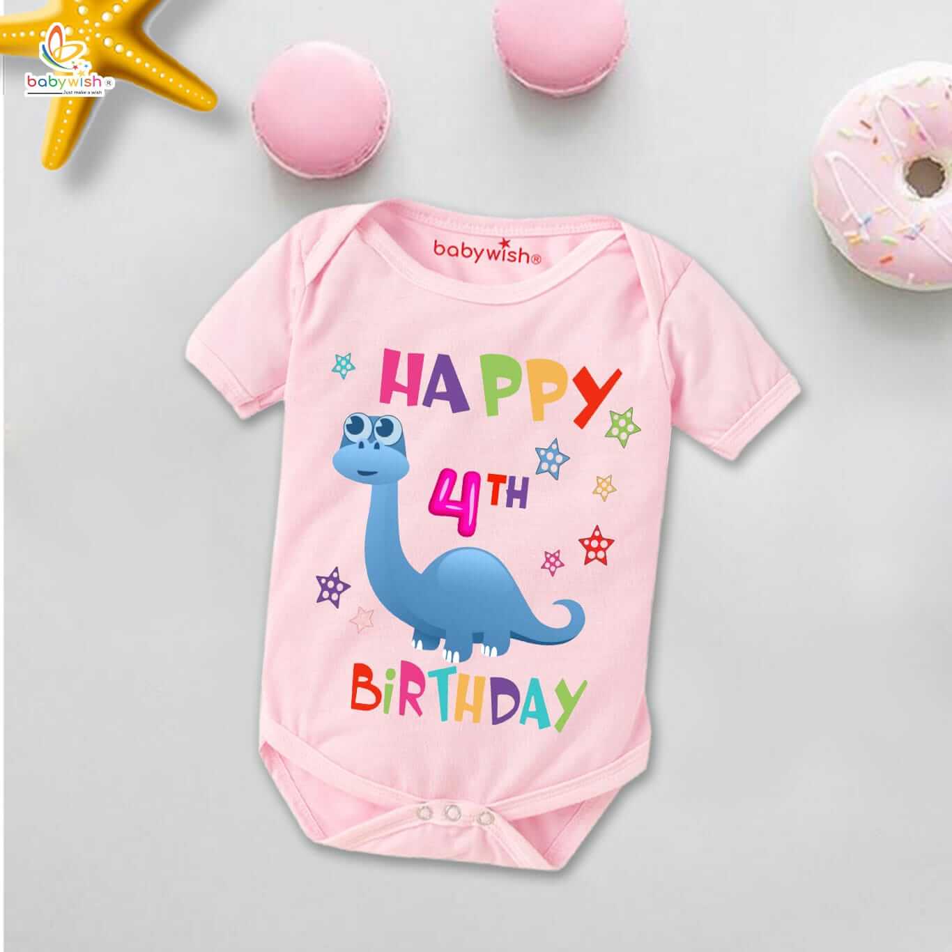 Happy 4th Birthday Baby Romper with Cute Dinosaur Print – Soft Cotton Birthday Baby Onesie by Babywish