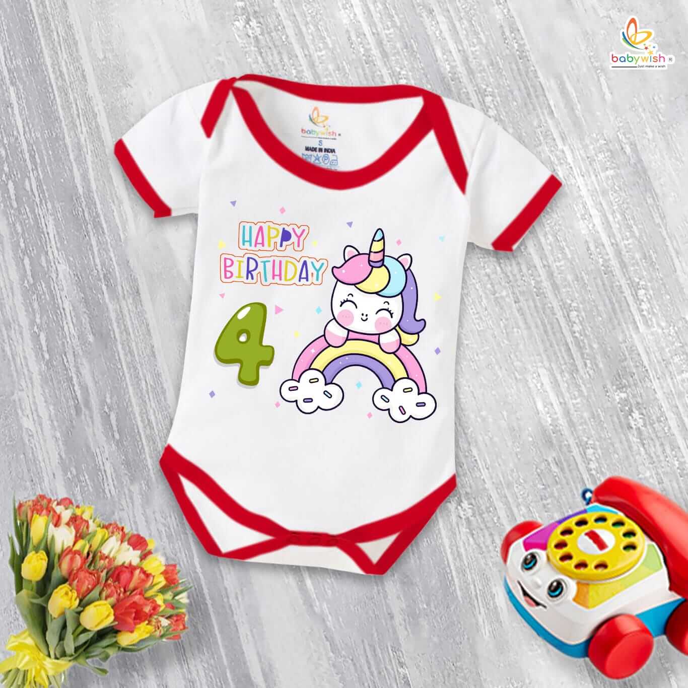 4th Birthday Baby Romper with Cute Unicorn Rainbow Print – Soft Cotton Birthday Onesie for Girls by Babywish