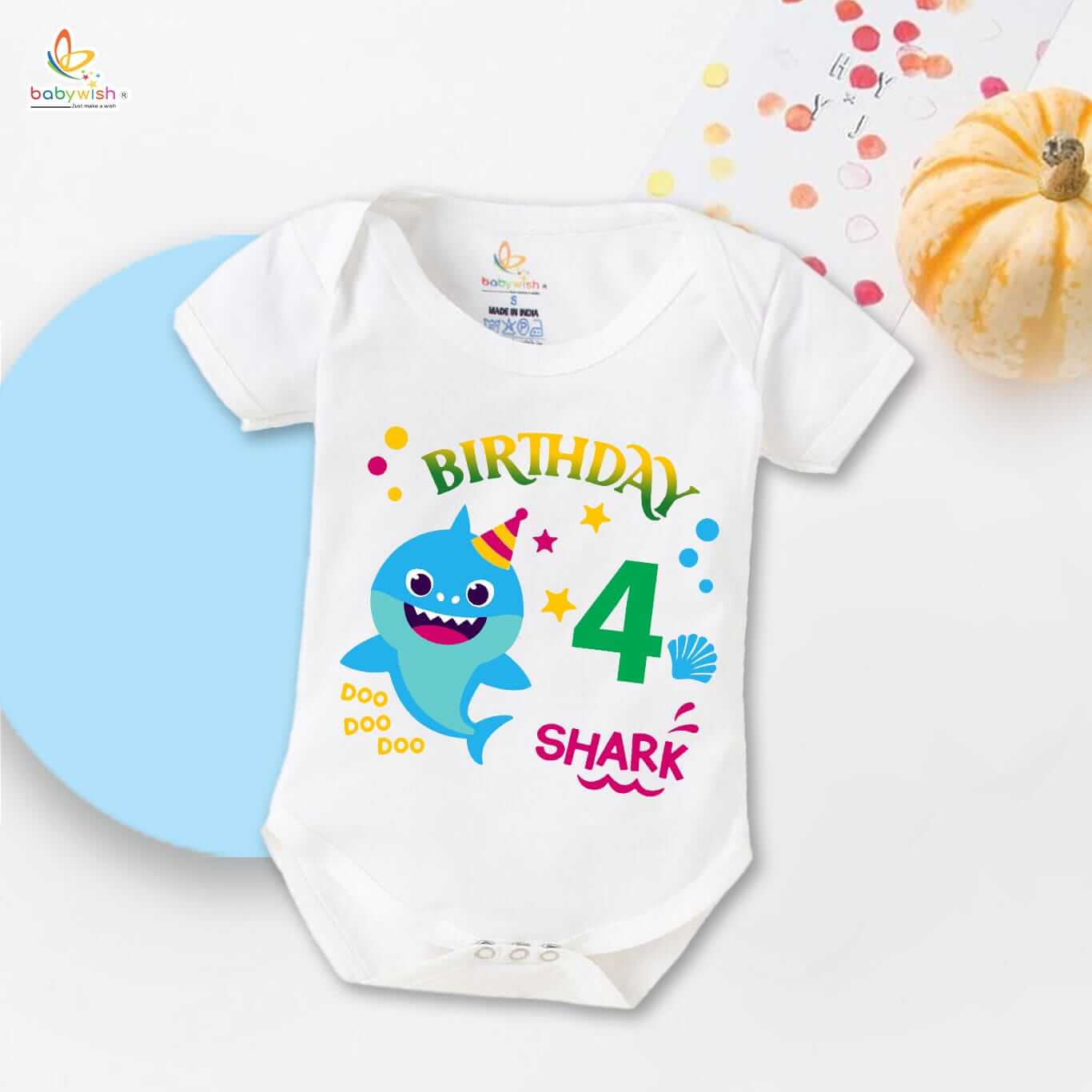 Babywish birthday shark baby romper with colorful shark print