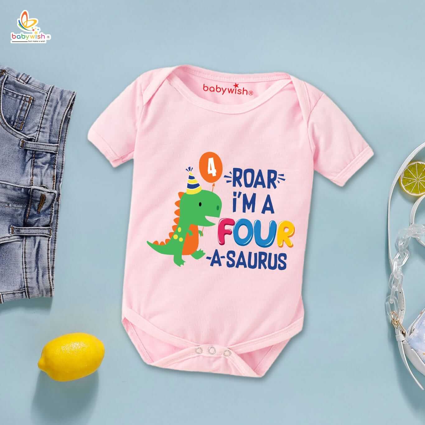 Babywish dinosaur 4th birthday baby romper with four a saurus print