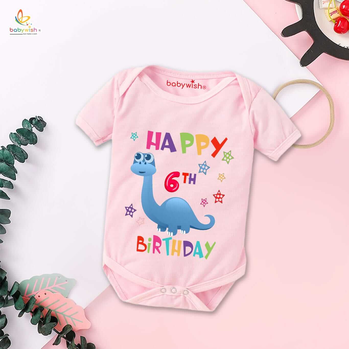 Happy 6th Birthday Baby Romper with Cute Dinosaur Print for Boys & Girls Soft Cotton Onesie Baby Outfit Gift for 6 Month Baby Birthday Party Wear White, Pink, Lemon, Red, Sea Green (3-6 or 6-9 Months) Babywish