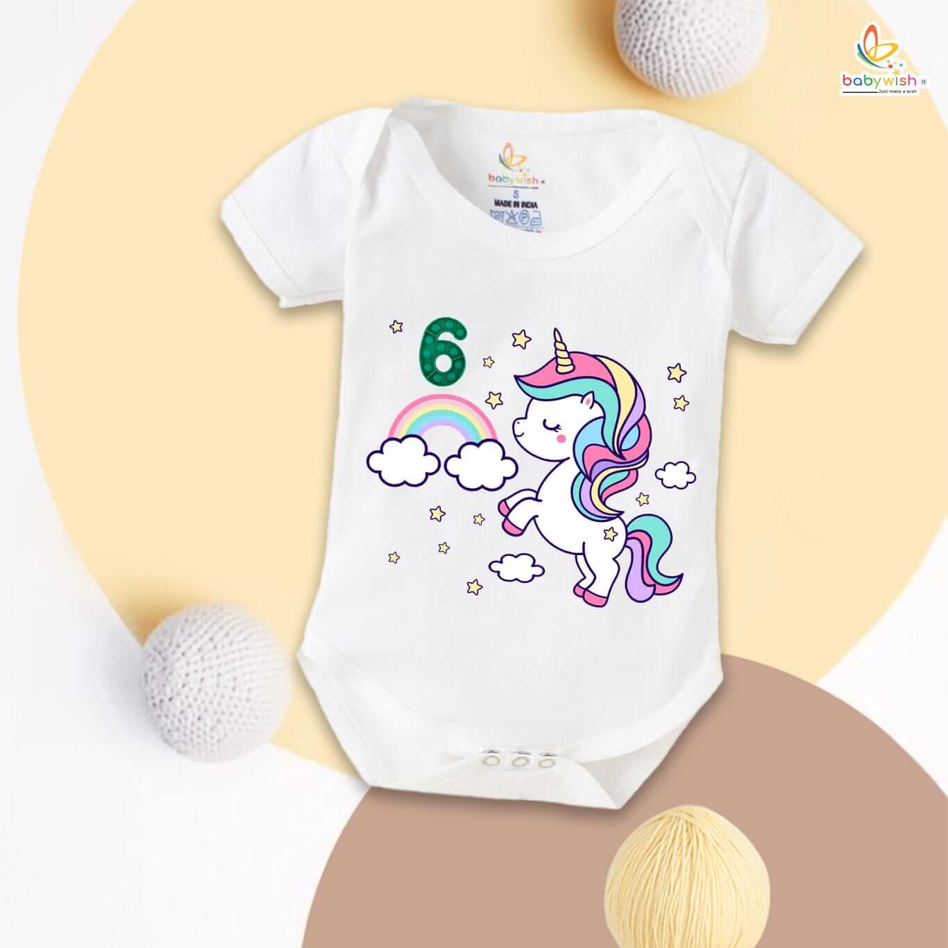 Baby 6th Birthday Unicorn Romper Cute Rainbow Unicorn Cotton Onesie for Baby Girl Birthday Outfit Party Wear Infant Clothes White, Pink, Lemon, Red, Sea Green (3-6 or 6-9 Months) Babywish