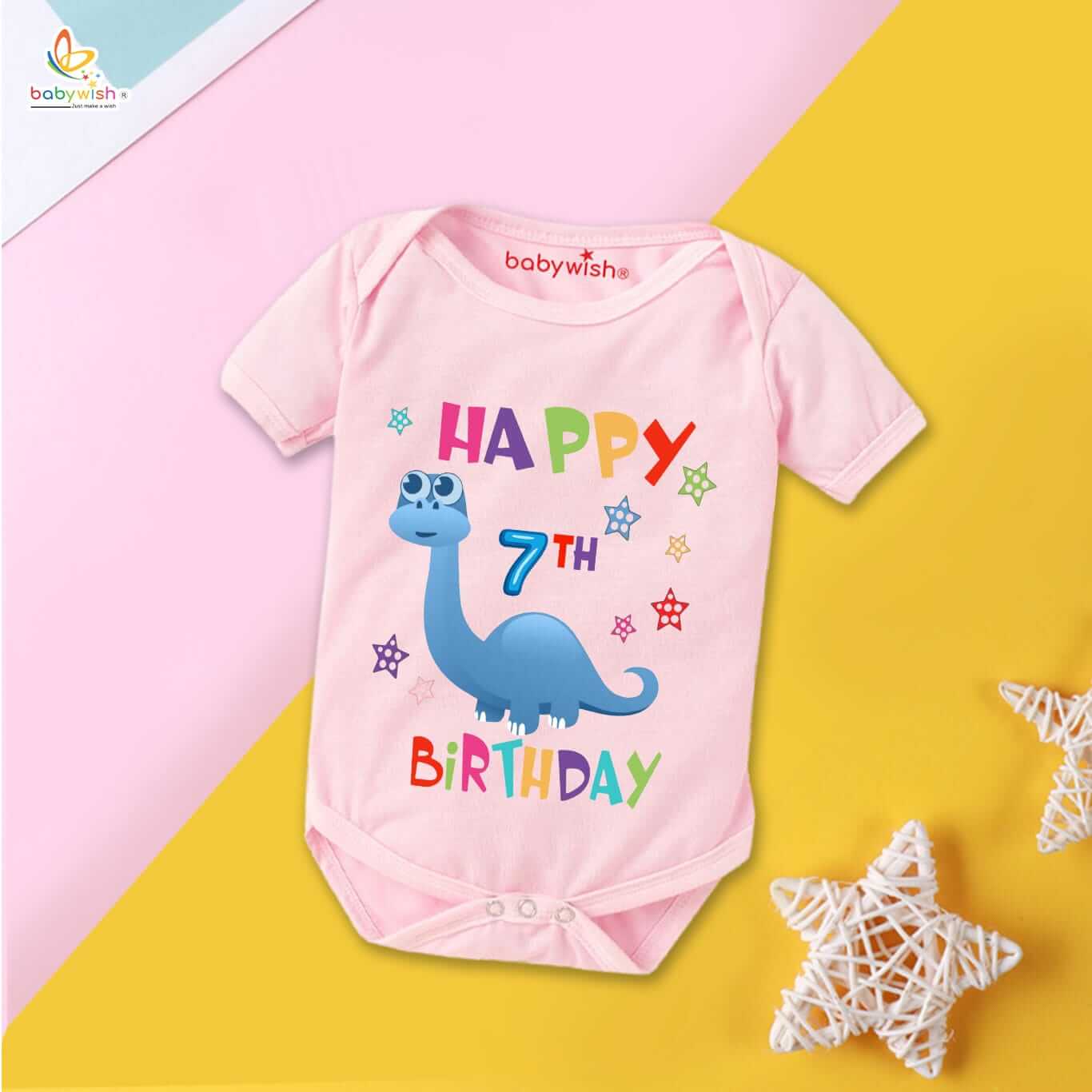 Happy 7th Birthday Baby Bodysuit Dinosaur Print Cute Infant Outfit Babywish White Pink Lemon Red Sea Green 6-9 Months Soft Cotton Baby Romper Birthday Wear Babywish