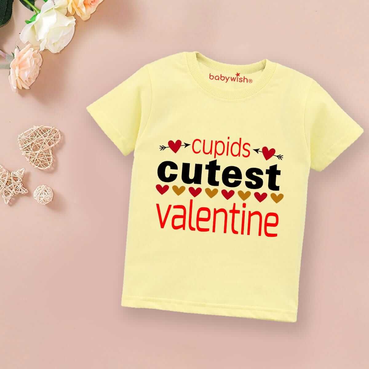 Valentine Day T-shirt for Kids | Unisex Valentine Topwear Outfit | Cute Printed Half Sleeve Tshirt Dress for Baby Boy & Girl "Cupid Cutest Valentine" | Trendy Valentine Tee Gift | Babywish