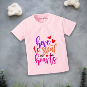 Valentine Day T-shirt for Kids | Unisex Valentine Outfit | Printed Half Sleeve Topwear Tshirt Dress for Baby Boy & Girl "Here to Steal Heart" | Cute Valentine Clothing Gift | Babywish