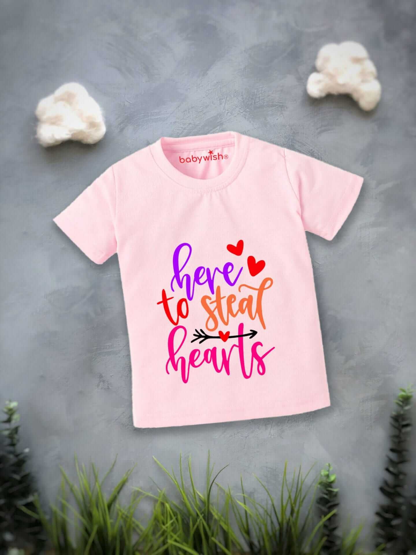 Valentine Day T-shirt for Kids | Unisex Valentine Outfit | Printed Half Sleeve Topwear Tshirt Dress for Baby Boy & Girl "Here to Steal Heart" | Cute Valentine Clothing Gift | Babywish