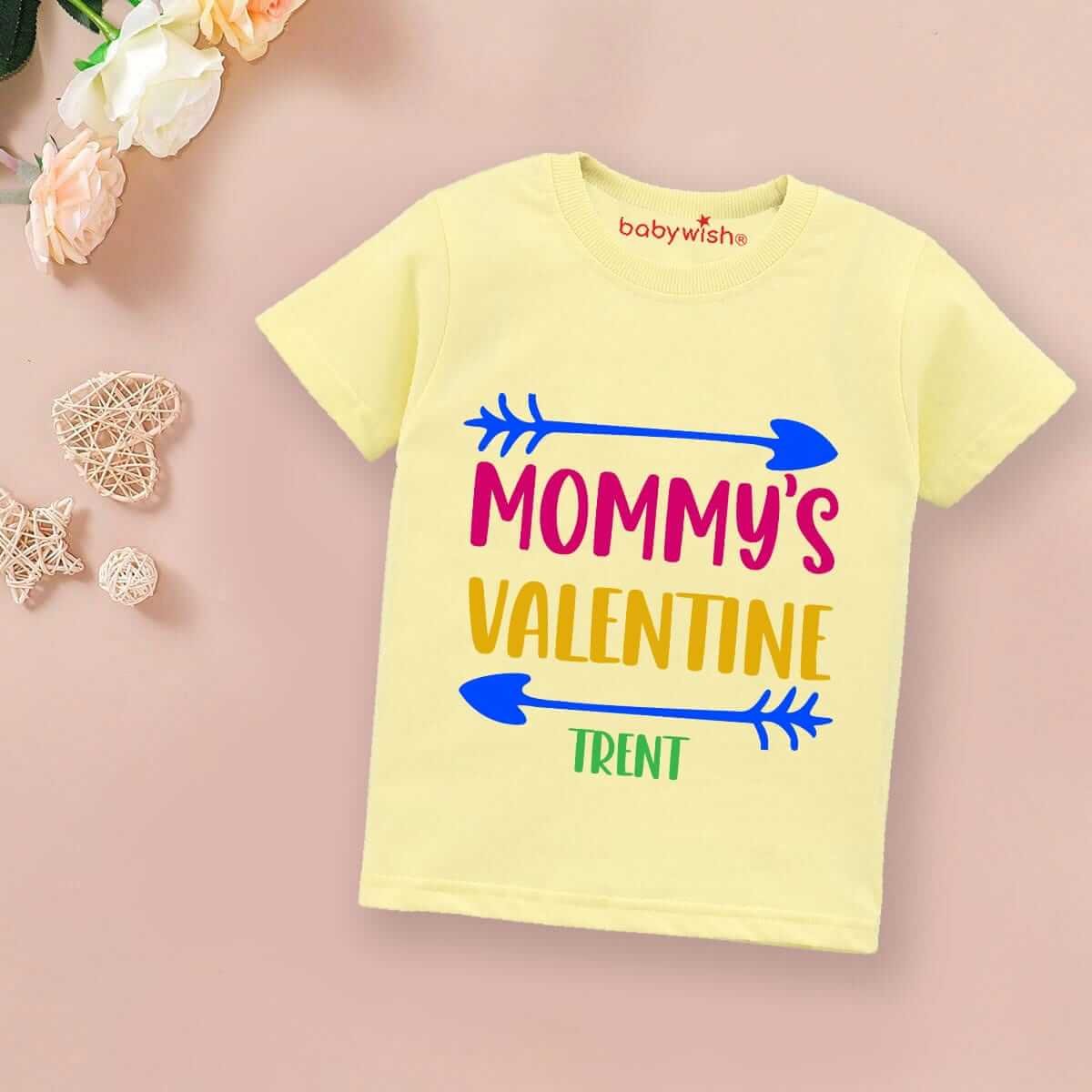 Valentine Day T-shirt for Kids | Unisex Valentine Topwear Outfit | Printed Half Sleeve Tshirt Dress for Baby Boy & Girl "Mummy's Valentine Trent" | Cute Baby Valentine Gift Tee | Babywish