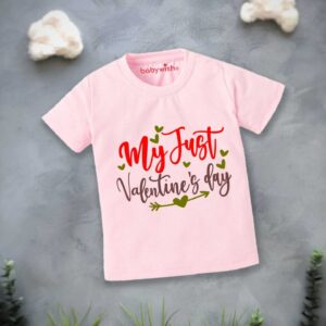 Valentine Day T-shirt for Kids | Unisex Valentine Outfit | Printed Half Sleeve Topwear Tshirt Dress for Baby Boy & Girl "My Just Valentine" | Cute Valentine Gift Clothing for Kids | Babywish