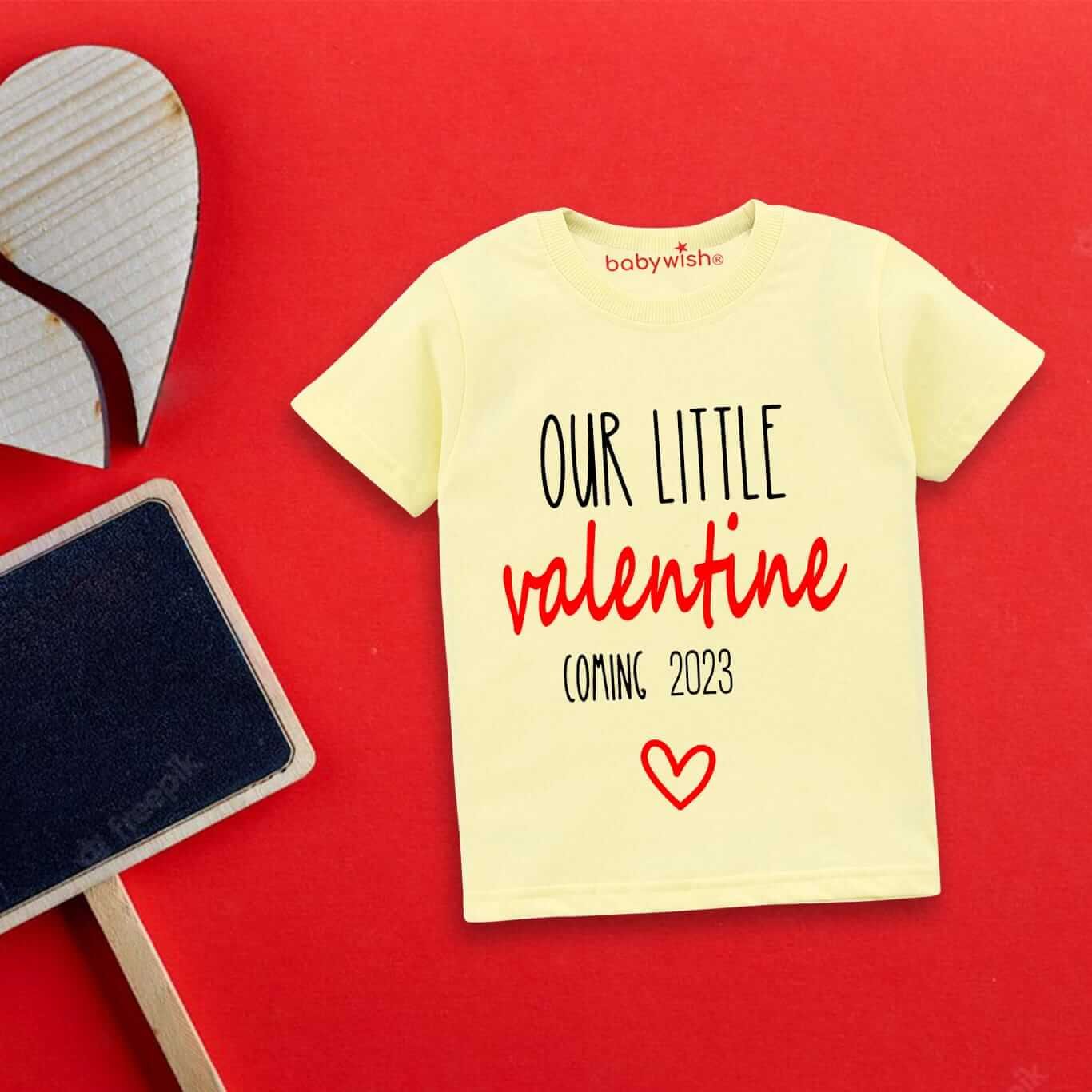 Valentine’s Day T-shirt for Kids | Unisex Valentine Topwear Outfit | Printed Half Sleeve T-shirt Dress for Boys & Girls “Our Little Valentine Coming in 2023” | Cute Gift for Kids