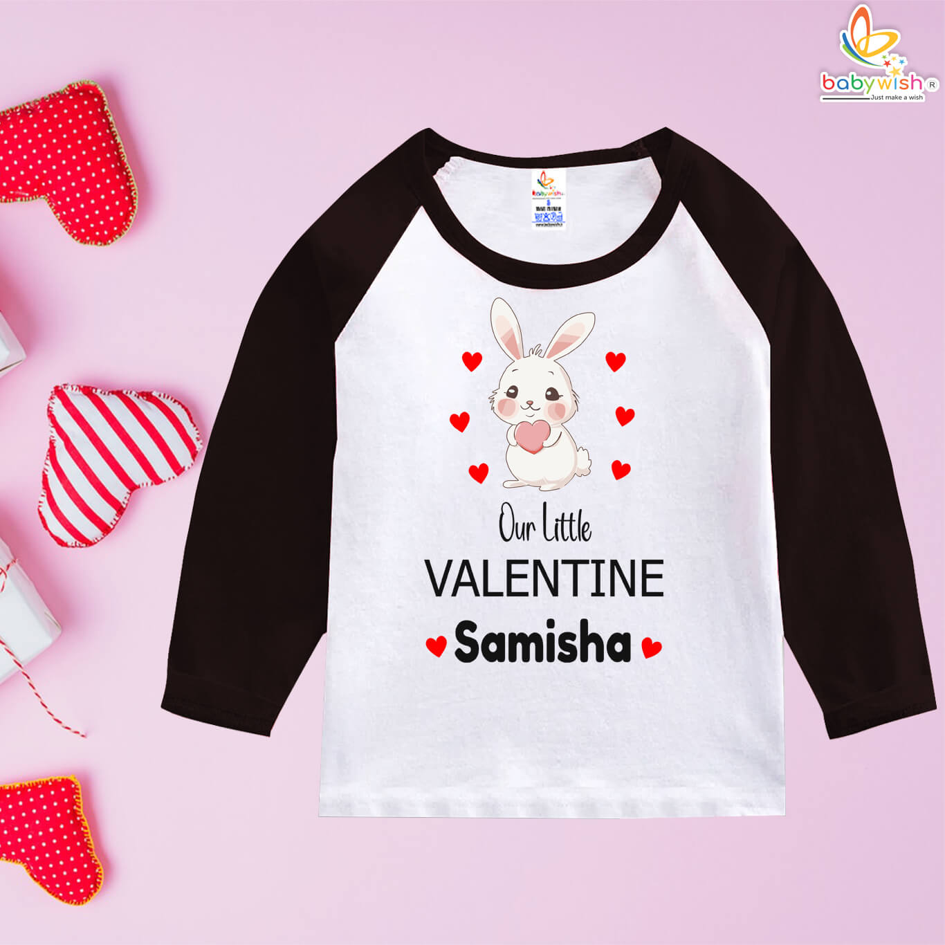 Baby Valentine Bunny Print Full Sleeve T-Shirt | Personalized Kids Valentine Outfit | Soft Cotton | Custom Name | Red, Red-White, Black, Black-White | Babywish