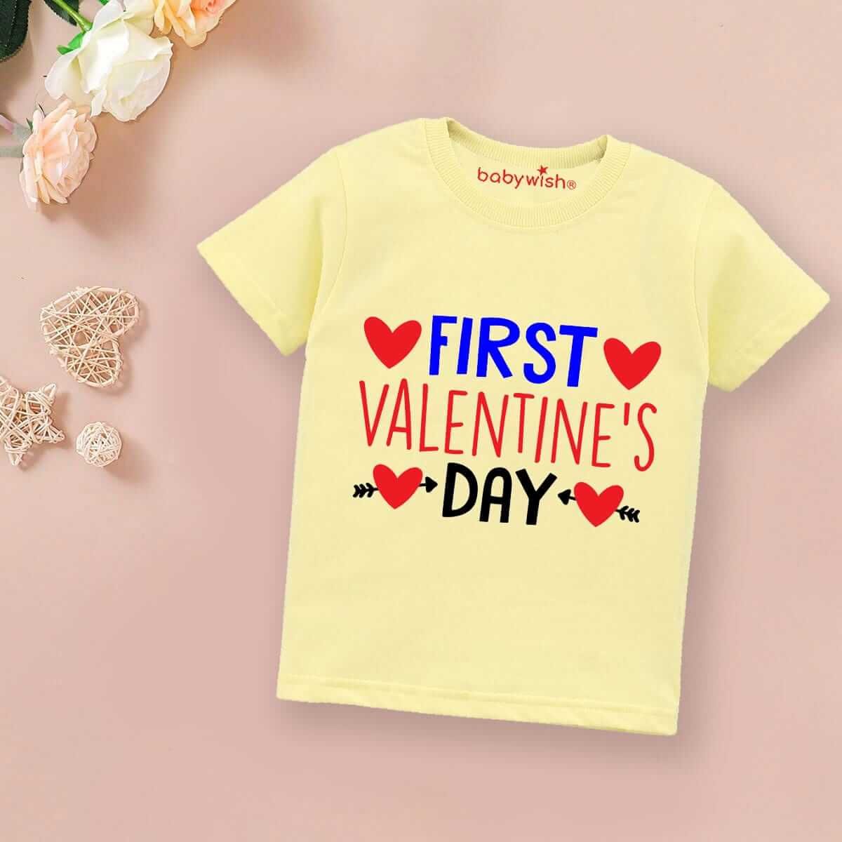 Valentine’s Day T-shirt for Kids | Unisex Valentine Topwear Outfit | Printed Half Sleeve T-shirt Dress for Boys & Girls “First Valentine Heart” | Cute Gift for Kids