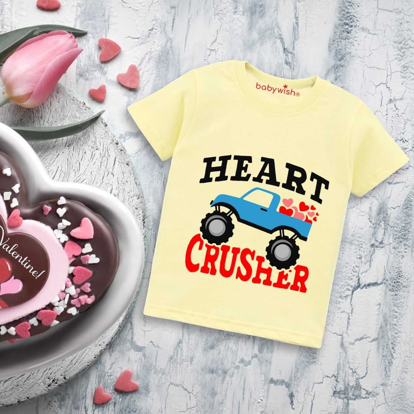 Valentine’s Day T-shirt for Kids | Unisex Valentine Topwear Outfit | Printed Half Sleeve T-shirt Dress for Boys & Girls “Heart Crusher Valentine” | Cute Gift for Kids