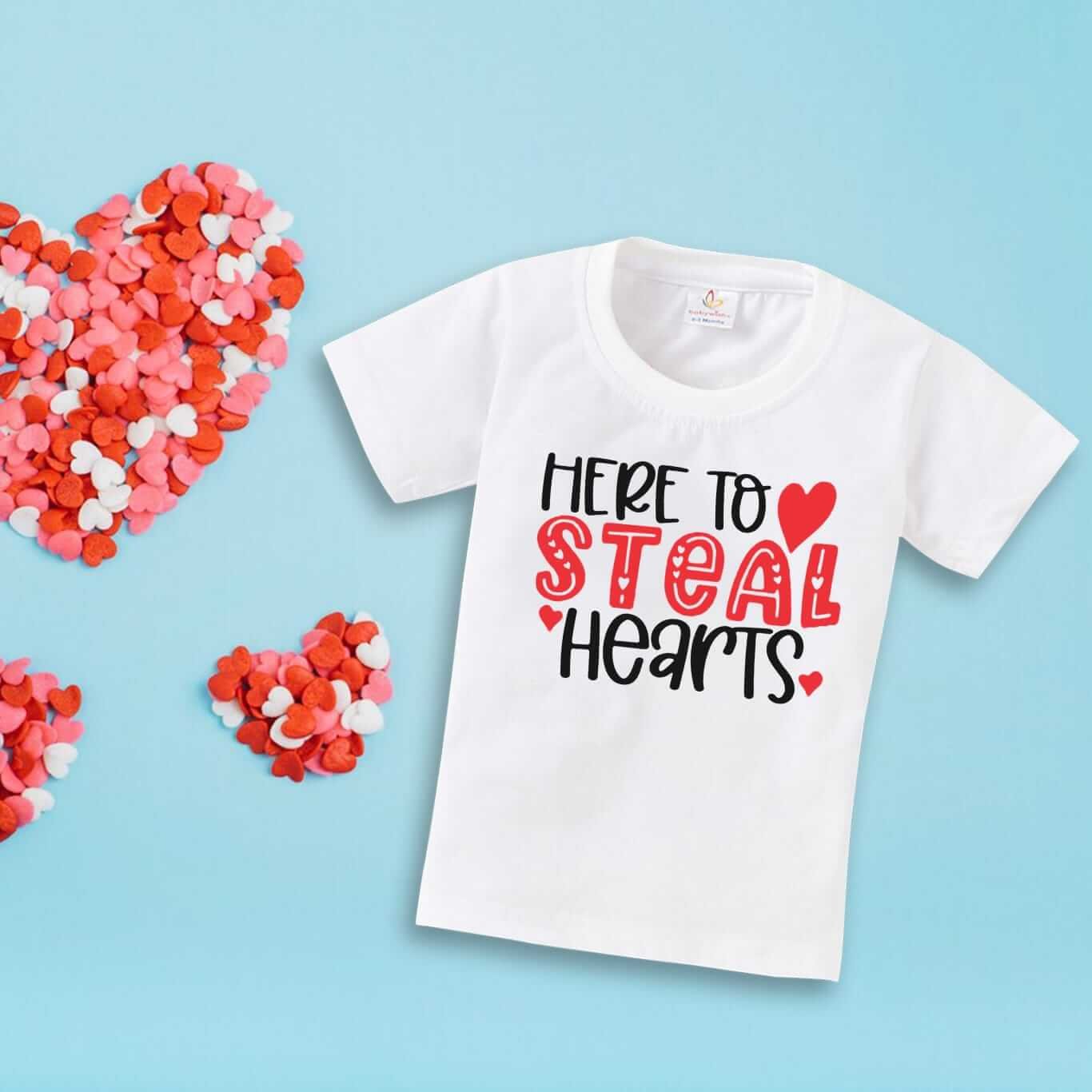 Valentine’s Day T-shirt for Kids | Unisex Valentine Topwear Outfit | Printed Half Sleeve T-shirt Dress for Boys & Girls “Heart Stoled on Valentine”