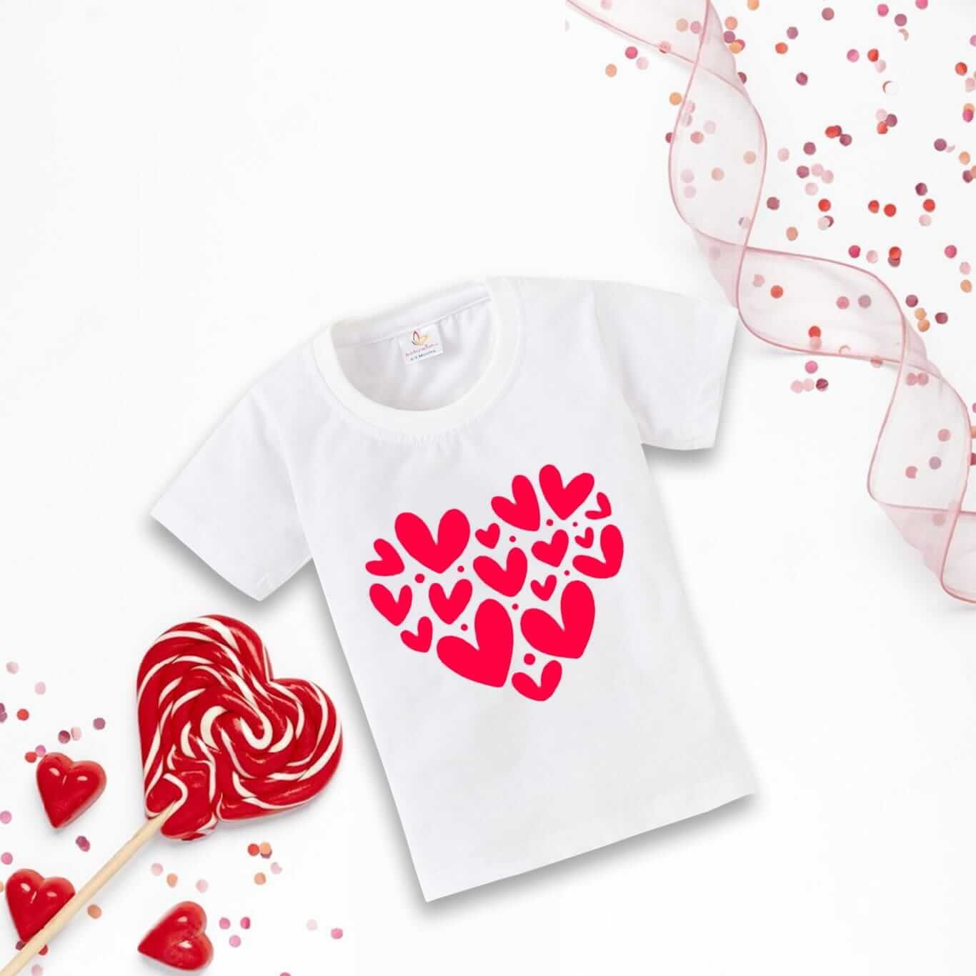 Valentine’s Day T-shirt for Kids | Unisex Valentine Topwear Outfit | Printed Half Sleeve T-shirt Dress for Boys & Girls “Integration of Hearts”