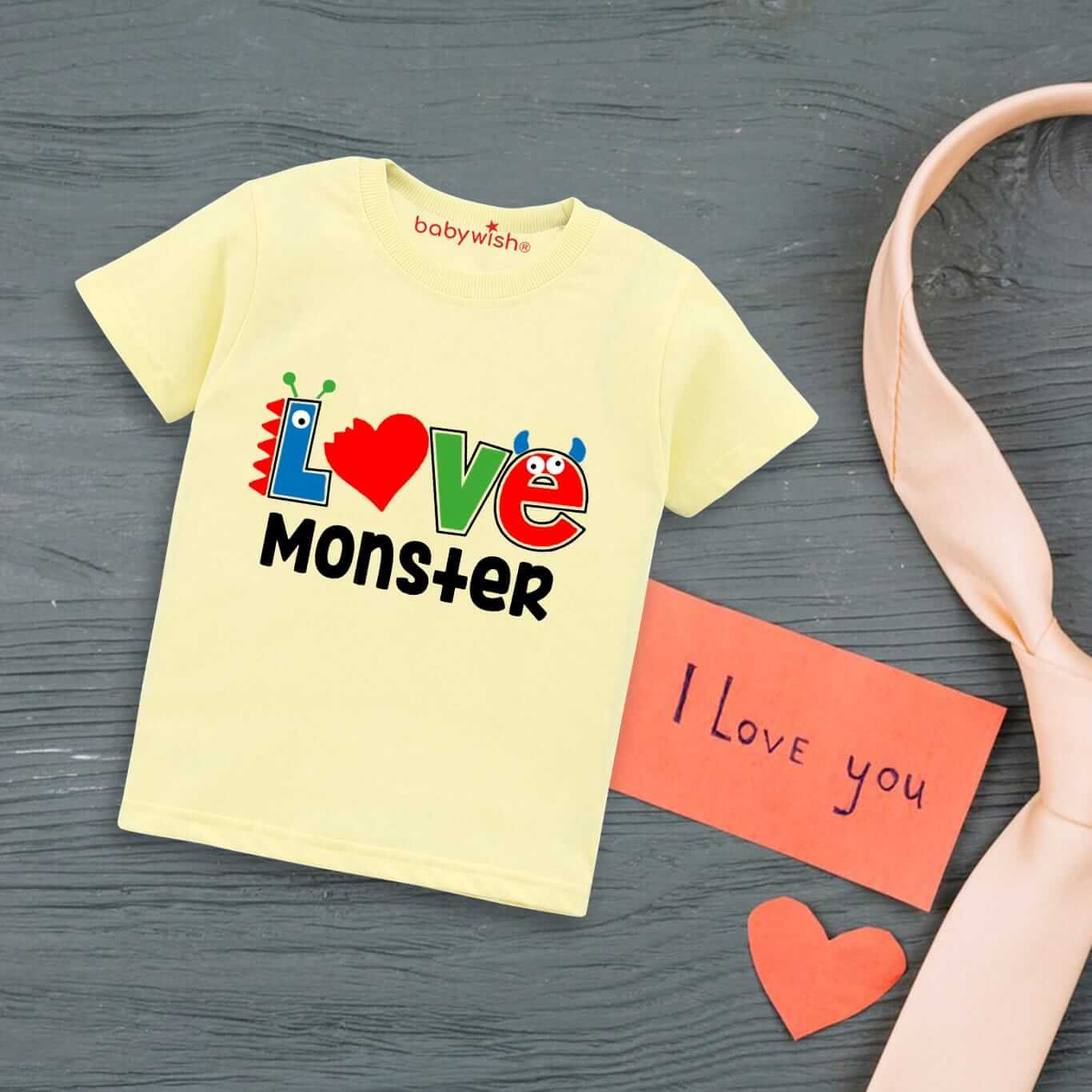 Valentine’s Day T-shirt for Kids | Unisex Valentine Topwear Outfit | Printed Half Sleeve T-shirt Dress for Boys & Girls “Love Monster on Valentine” | Cute Gift for Kids