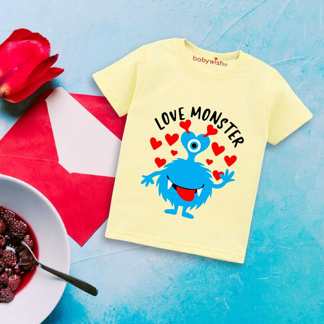 Valentine’s Day T-shirt for Kids | Unisex Valentine Topwear Outfit | Printed Half Sleeve T-shirt Dress for Boys & Girls “Love on Monster” | Cute Gift for Kids