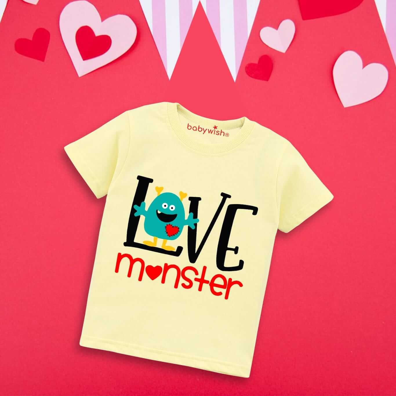Valentine’s Day T-shirt for Kids | Unisex Valentine Topwear Outfit | Printed Half Sleeve T-shirt Dress for Boys & Girls “Love on Valentine Monster” | Cute Gift for Kids