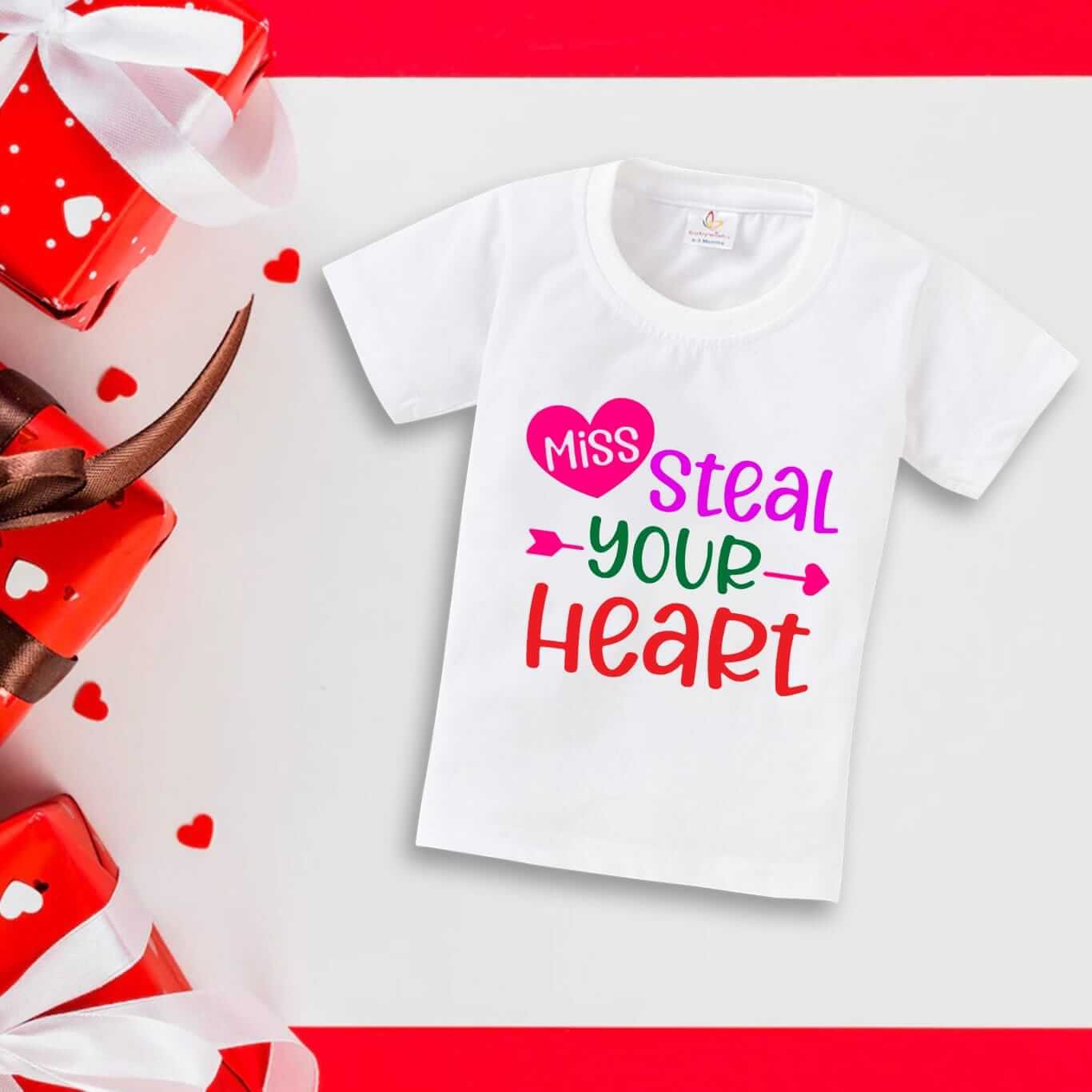 Valentine’s Day T-shirt for Kids | Unisex Valentine Topwear Outfit | Printed Half Sleeve T-shirt Dress for Boys & Girls “Miss Heart Stoled”