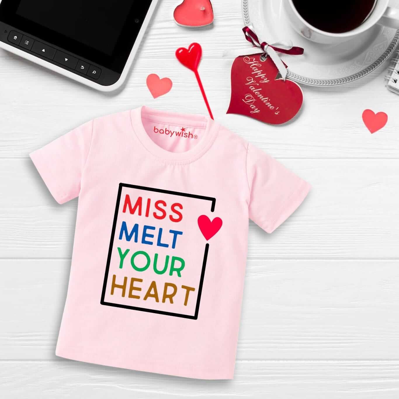 Valentine’s Day T-shirt for Kids | Unisex Valentine Topwear Outfit | Printed Half Sleeve T-shirt Dress for Boys & Girls “Miss Melt Your Heart” | Cute Toddler Gift