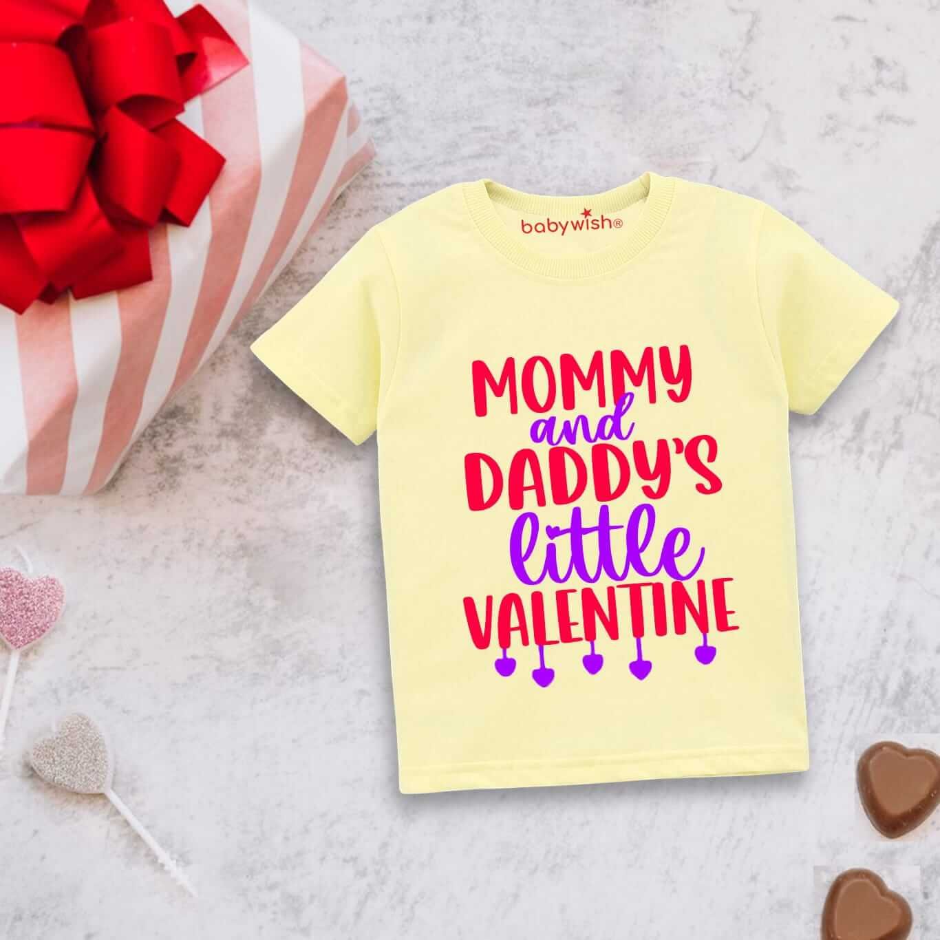 Valentine’s Day T-shirt for Kids | Unisex Valentine Topwear Outfit | Printed Half Sleeve T-shirt Dress for Boys & Girls “Mummy Daddy Little Valentine” | Cute Gift for Kids