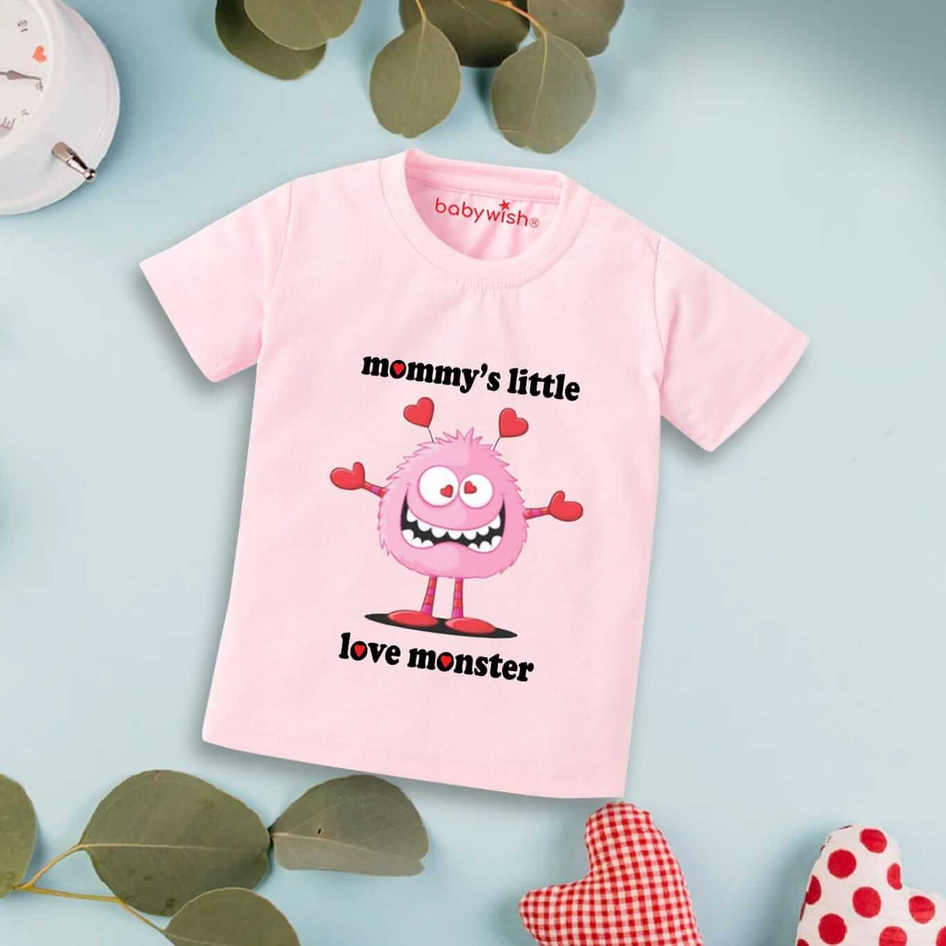 Valentine’s Day T-shirt for Kids | Unisex Valentine Topwear Outfit | Printed Half Sleeve T-shirt Dress for Boys & Girls “Mummy's Little Love Monster” | Cute Gift for Toddlers