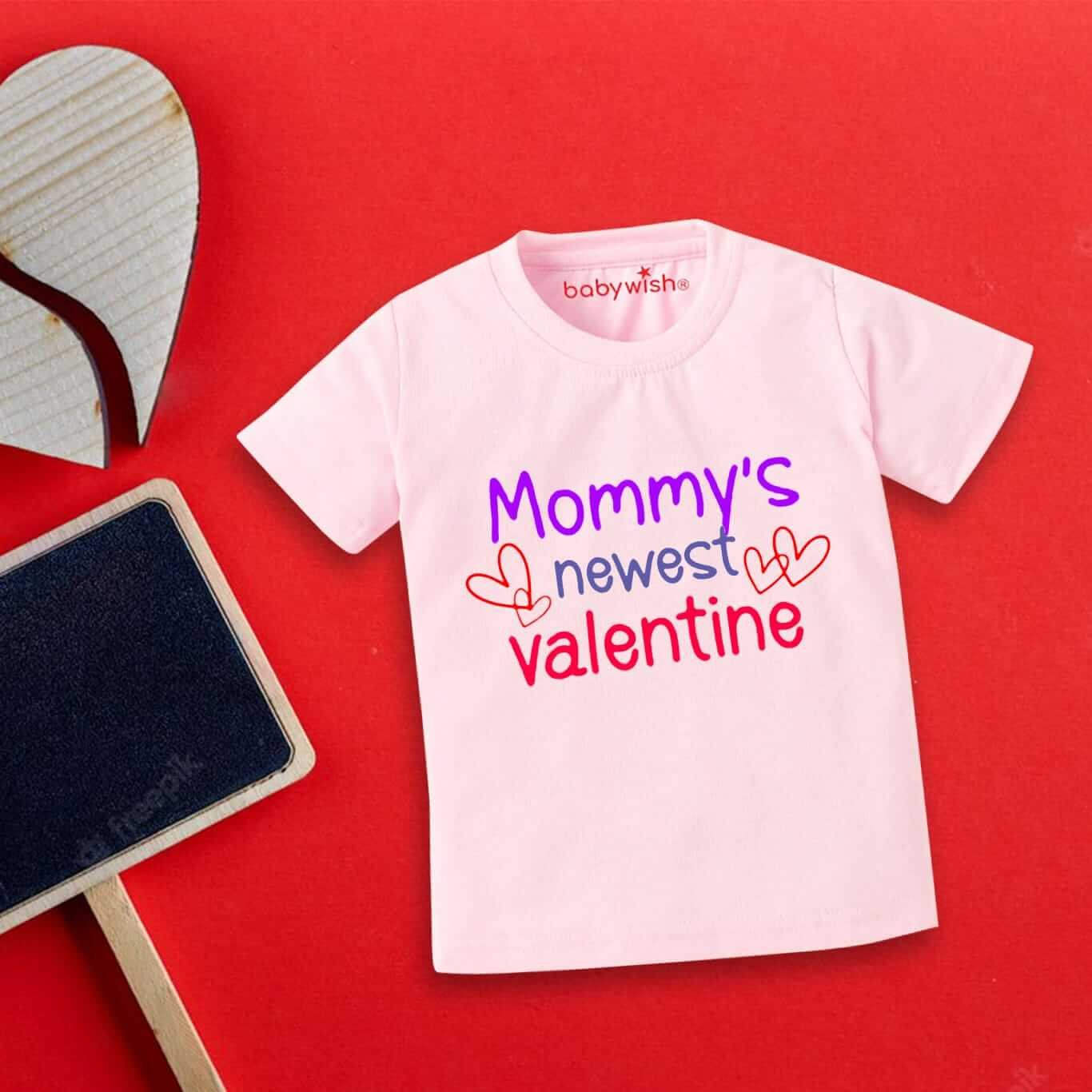 Valentine’s Day T-shirt for Kids | Unisex Valentine Topwear Outfit | Printed Half Sleeve T-shirt Dress for Boys & Girls “Mummy's New Valentine” | Cute Gift for Kids