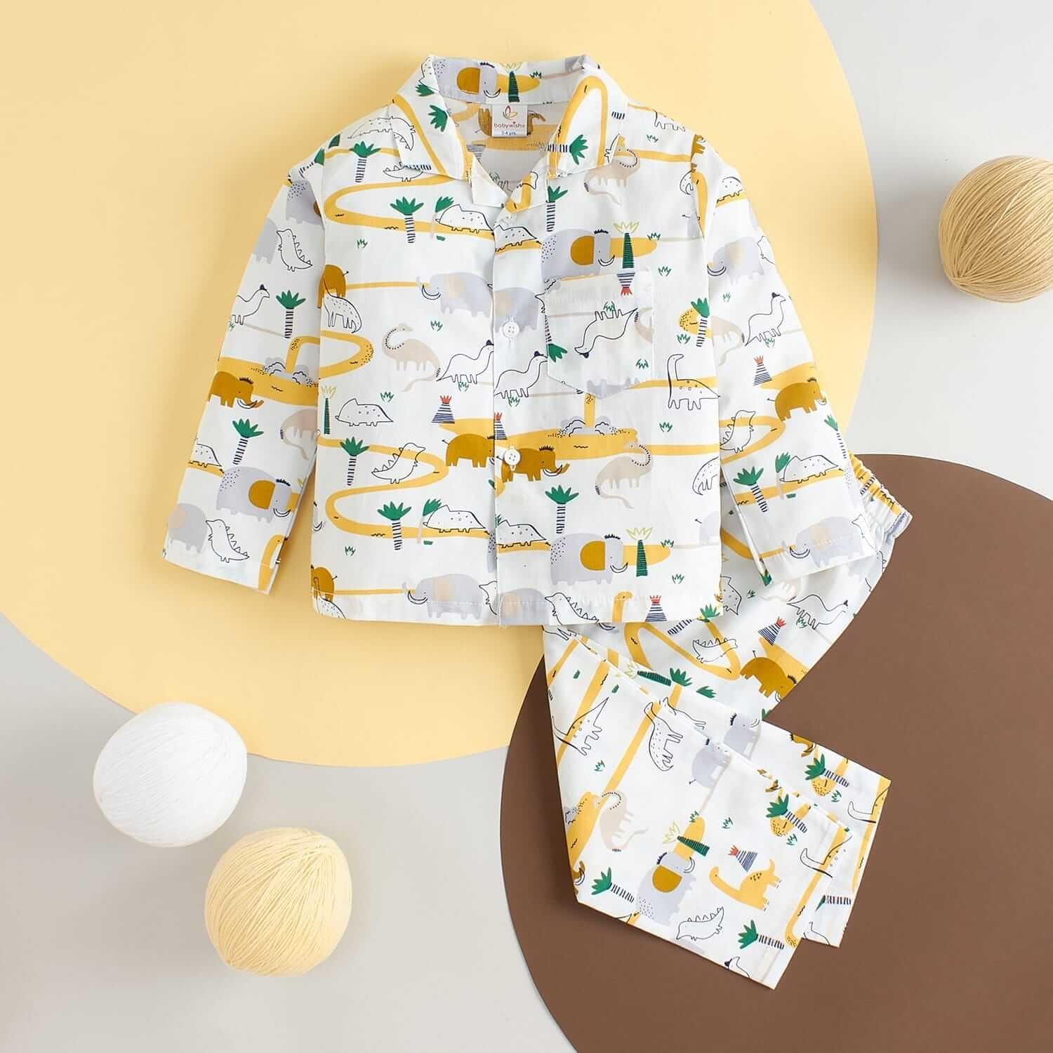 Kids Sleepsuit for Baby Boys and Girls Long Sleeve Topwear and Pajamas Set Baby Clothing Sleepwear Set Yellow Elephant Print for Newborns and Toddlers