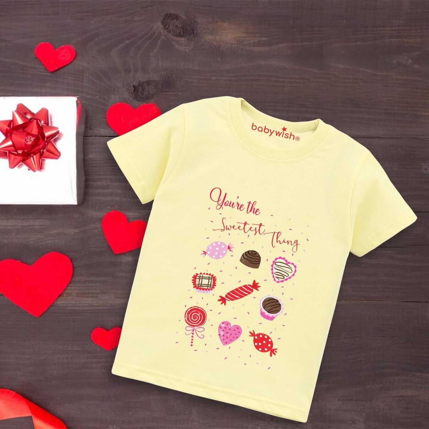 Valentine’s Day T-shirt for Kids | Unisex Valentine Topwear Outfit | Printed Half Sleeve T-shirt Dress for Boys & Girls “You Are the Sweetest Things” | Cute Gift for Kids
